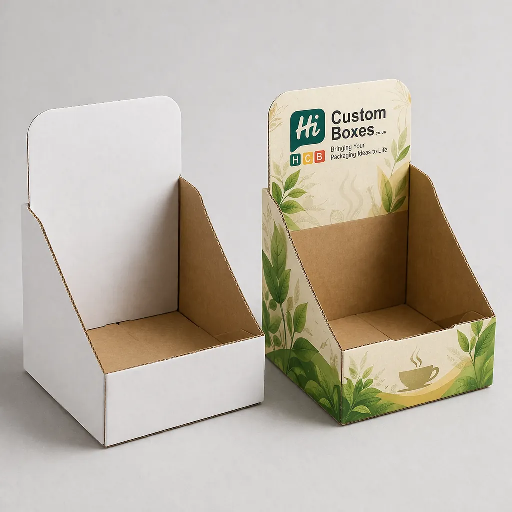 Cardboard counter display units for tea boxes including a white mock-up and a custom printed version. class=